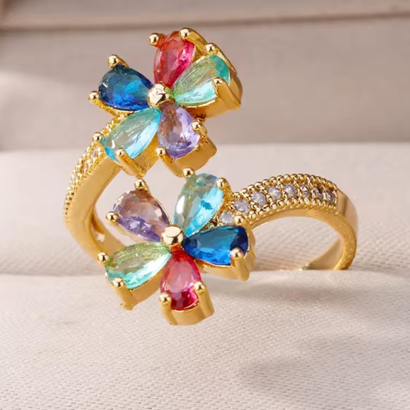 Colored Zircon Double Flower Rings - Picture 2 of 5